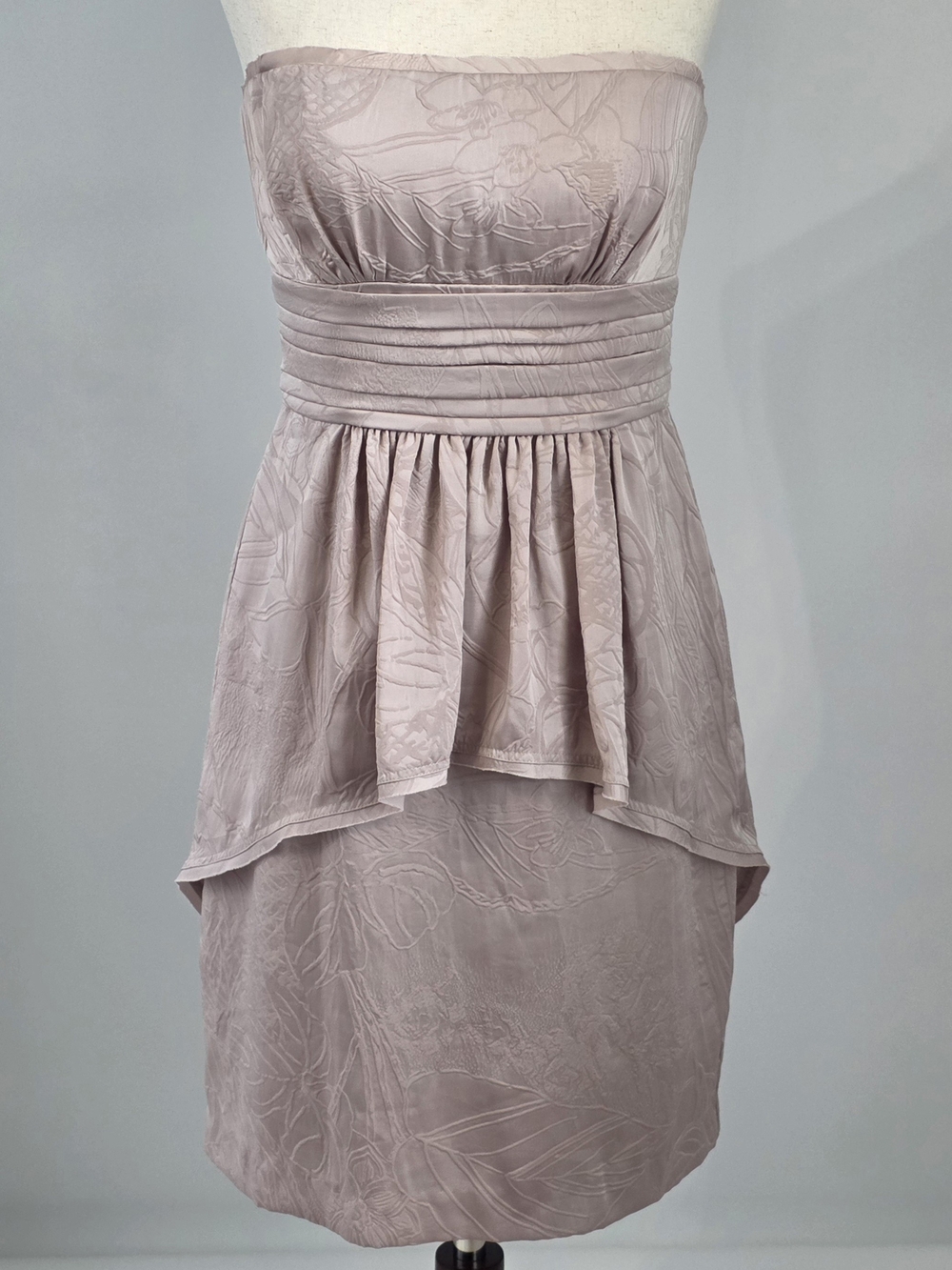 BCBGMaxAzria Jacquard "Karla" Strapless Peplum Cocktail Dress Lt Sepia  Size 6